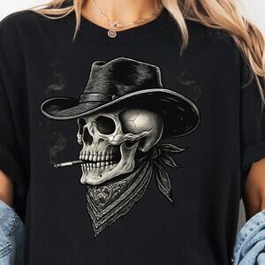 Smoking Skeleton Skull Marlboro Retro Cowboy T-Shirt, Cigarette Smoke